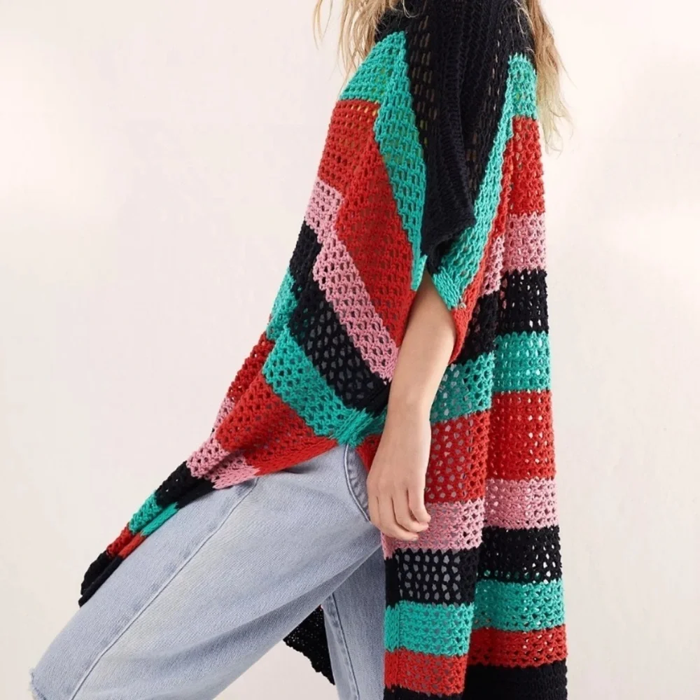NEW Free People Bayside Stripe Black Combo Crochet Summer Beach Knit Poncho OS